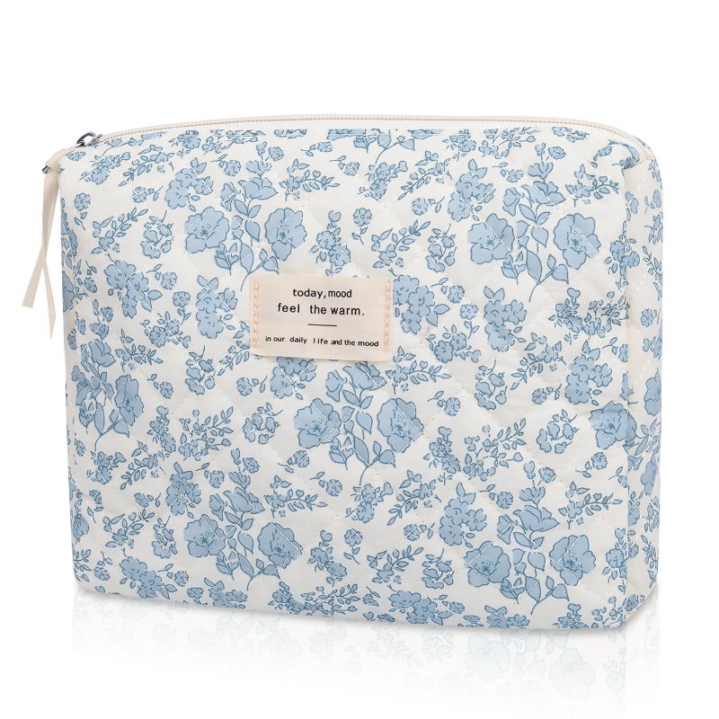 Gosect Floral Makeup Bag  Small Cosmetic Bag for Women Girls  Cute Cotton Makeup Bag  Quilted Makeup Bags  Flower Travel Toiletry Organizer Bag(Blue Floral) - Image 1